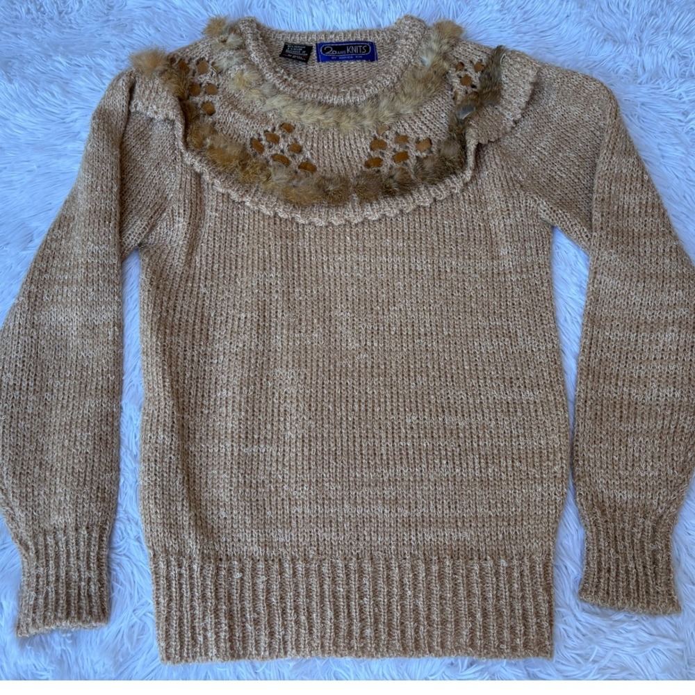 Vintage 90s Fur Trim Sweater Suede Lace Tan Cottagecore Western Knit